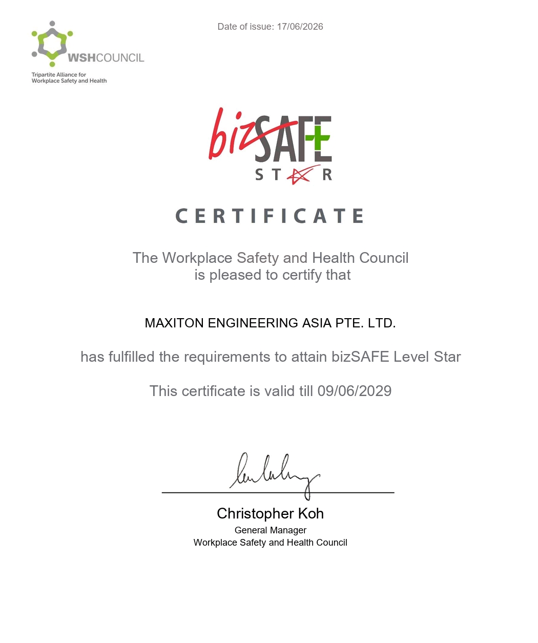 bizSAFE Star Certificate